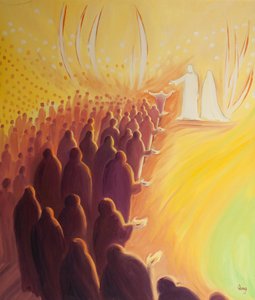 İsa, annesi Meryem ve kutsal meleklerle birlikte Cennetin kapısında çarmıha gerilmiş bekler, 2000 (gemide yağ) by Elizabeth Wang