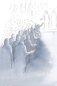 İsa, annesi Meryem ve kutsal meleklerle birlikte Cennetin kapısında çarmıha gerilmiş bekler, 2000 (kağıt üzerinde w/c) by Elizabeth Wang