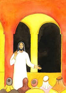 İsa Tapınakta vaaz verdi, gerçeği söyledi ve daha sonra Kendisine zarar vermeyi planlayan bazı insanları kızdırdı, 2001 (kağıt üzerinde w/c) by Elizabeth Wang