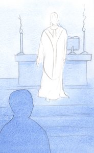 İsa ayinde aramızdaydı, rahip cübbesi giymiş, bizi duaya götürmek için bize doğru dönüyordu, 2000 (kağıt üzerinde w/c) by Elizabeth Wang