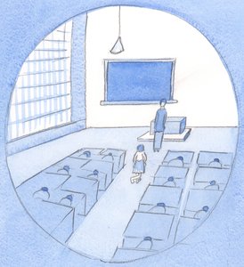 Bir okul hanımının nazik bir selamı memnuniyetle kabul etmesi gibi, Mesih de bizim saygılı jestlerimize değer verir, 2002 (kağıt üzerinde w/c) by Elizabeth Wang