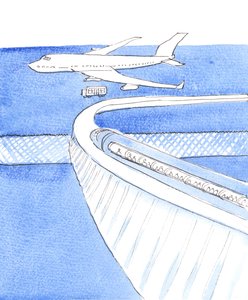 Vaftiz yoluyla Tanrı ile birlik içinde yaşanan hayat, tek raylı bir trende yapılan bir yolculuk gibidir; tren mutlu bir ölümü temsil eden bir havaalanına varır; çünkü bekleyen bir uçuş vardır ve bu uçuş cennette son bulacaktır, 2004 (kağıt üzerine suluboya by Elizabeth Wang