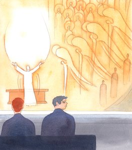Birçok Katoliğin ayinde gerçekte neler olduğu hakkında hiçbir fikri yok, 2005 (kağıt üzerine suluboya) by Elizabeth Wang