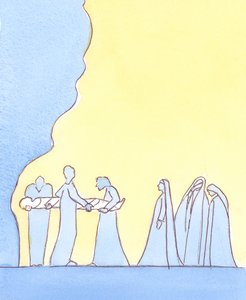 Kutsal Leydimiz, sevgili oğlu mezara yerleştirildiğinden, tüm umutlarının görünürde gömülmesiyle başa çıkmak zorunda kaldı, 2004 (kağıt üzerinde w/c) by Elizabeth Wang