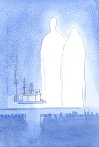 Kutsal Leydimiz Paskalya kutlamalarımızda bizlerle birliktedir. Cennetin tamamıyla, ilahi oğluna sunulan övgüyü dinler, 2001 (kağıt üzerinde w/c) by Elizabeth Wang