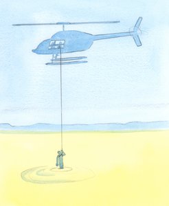 Tıpkı bir bataklığa yakalanmış çaresiz bir kişiye, kendisini helikopterden güvenli bir yere taşıyan arkadaşlarının yardım etmesi gibi, insanlara dua ederken bizim şefaatlerimiz yardım ediyor, 2003 (kağıt üzerinde w/c) by Elizabeth Wang