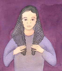 Rab benden kilisede eski geleneklere uygun olarak mantosunu giyen bir kadının resmini çizmemi istedi, 2004 (kağıt üzerine suluboya) by Elizabeth Wang