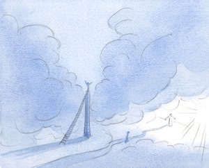 Sabırsız ruh (İsa bana gösterdi) alçak, dar yolu sürekli takip etmek yerine ışığı zorlayarak yüksek bir kule inşa eder., 2001 (kağıt üzerinde w/c) by Elizabeth Wang