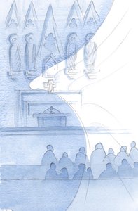 Bütün kilise binası Meleklerle dolu; her an fırçalıyoruz., 2001 (kağıt üzerinde w/c) by Elizabeth Wang