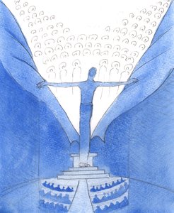 Onun aracılığıyla, Onunla: Aramızda bulunan Mesih, bizi cennetten ayıran perdeyi yırtıyor, 2005 (kağıt üzerine suluboya) by Elizabeth Wang