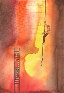 Büyük günahta kapana kısılmış biri için aracılık etmek, aşağıda sadece Cehennem olan, kırık bir merdivende mahsur kalan bir adama el uzatmaya benzer., 2004 (kağıt üzerinde w/c) by Elizabeth Wang