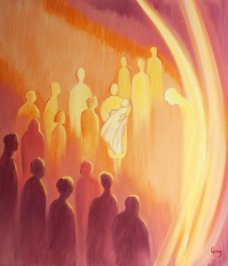 Bir çocuğa vaftizde İlahi Yaşam verildiğinde, Koruyucu Meleği sevinçle dolar, 2000 (gemide yağ) by Elizabeth Wang