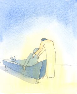 Hasta olduğumuzda ve Mesih Komünyonda bize geldiğinde, sanki bir kanepeye uzanmamıza yardım etmekte ısrar ediyormuş gibi, 2003 (kağıt üzerinde w/c) by Elizabeth Wang