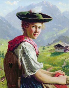 Dağ Manzarasında Şapkalı Kız by Emil Karl Rau