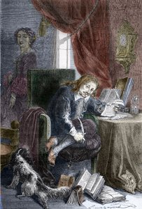 Burlesk komedi yazarı Fransız yazar Paul Scarron'un (1610-1660) portresi, hasta bir sandalyede temsil ediliyor, karısı Francoise d'Aubigne (Marquise de Maintenon oldu) (1635-1719) gölgede duruyor onun arkasında - Portresi