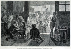 Bir barın önünde kadınlara yasak olan bir grup kadın, alkolizme karşı sarhoşlara ilahiler söylüyor. by Emile Antoine Bayard