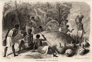 Karague'de (bugünkü Zimbabwe'de Victoria Gölü'nün batısında) pombe'nin tadımı (fermantasyon yoluyla alkollü içecek), Emile Bayard (1837-1891) tarafından çizim, Kaptan Speke'nin 1860'tan 1863'e kadar Afrika'daki keşif yolculu by Emile Antoine Bayard