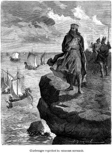 İmparator Charlemagne, Norman gemilerinin Fransız kıyılarına gelişini izliyor - Viking gemileri ve savaşçıları - drakkar, İskandinav navigasyonu, İskandinav istilası - Emile Bayard