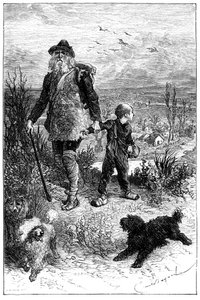 Hector Malot'un "" Ailesiz "" adlı romanı için Emile Bayard'ın illüstrasyonu: Remi, gezgin sanatçı Mösyö Vitalis ve eğitimli hayvanları olan üç köpek Capi, Zerbino ve Dolce - Edition Hetzel 1880 - ile birlikte ayrılıyor. by Emile Antoine Bayard