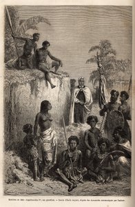 Hawai Adaları kralı ve birliklerinin kurucusu I. Kamehameha (yaklaşık 1758-1819), Emile Bayard'ın 1855-69'da Sandviç Adaları'na yaptığı yolculuğu gösteren çiziminden sonra Honolulu'daki Hawai savaşçılarını ve bazı denekleri kuşattı. , C tar