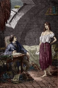 Marius ve Eponine, Thenardier'lerin büyük kızı ve Marius'a aşık Victor Hugo'nun “Sefiller” romanının çizimi (1802-1885) Emile Bayard'ın çizimi - (Eponine Thenardier (Jondrette kızı) ve Marius) Gravür Özel koleksiyon