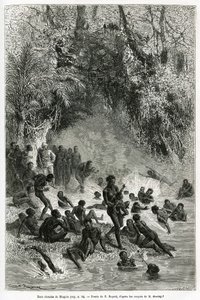 Sör Henri Morton Stanley (1841-1904), Karagoue bölgesinin (Kamerun) yıkananlarının ortasında, Mtagata vadisinin sıcak ve tıbbi su havzasına dalan, Emile Bayard tarafından çizilen, “Gizemli İçinden” hikayesini resmetmek için. Kıta”, bir by Emile Antoine Bayard
