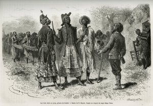 Üç şef (veya sova), Dombe (Angola) prensleri ve müzisyenler ve saraylılardan oluşan süit, kaşif S.Pinto ile buluşmaya geliyor. Afrika'yı Atlantik Okyanusu'ndan Hint Okyanusu'na nasıl geçtiğimi anlatmak için Emile Bayard'ın gravürü by Emile Antoine Bayard