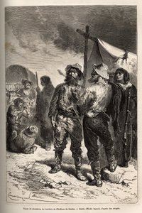 Types de pionniers, de bouviers et d'indians de Benton (Montana), Emile Bayard'ın çiziminden sonra gravür, 1868'de L. Simonin tarafından Washington'dan San Francisco'ya yolculuğu gösteren, “” Le tour du monde” de yayınlandı ”” 1874, Edo by Emile Antoine Bayard