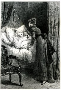 Duvarda asılı bir haç altında yatağında ölen yaşlı bir adama bakan genç bir kadın. Ölen adam son tavsiyelerini (vasiyetini) eliyle tutar. Emile Bayard tarafından Jules Sandeau