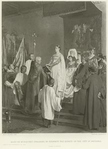 Mary of Burgundy, Brüksel şehrinin haklarına saygı duyacağına yemin ediyor (gravür) by Emile Charles Wauters