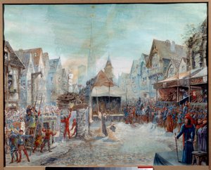 Yüz Yıl Savaşı: “” Joan of Arc (1412-1431) kasapta yönetiliyor”” (Rouen'de Place du Vieux-Marche). Emile Deshays'ın (1875-1946) 1901 tablosu. Güneş. 0,73x0,6 m Rouen, Güzel Sanatlar Müzesi Dikkat! Bu çalışmanın kullanımı, üçüncü şahısların yetkisin by Emile Deshays