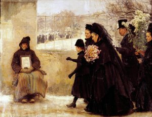 All Saints Mezarlığa giden yaslı bir aile, alumone yapan yaşlı bir adama bozuk para verir. Emile Friant (1863-1932) 1888 Güneş tarafından yapılan tablo. 2,54x3,34 m Nancy, Güzel Sanatlar Müzesi
