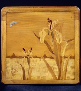 Art Nouveau style table, by Emile Galle (1846-1904), walnut with veneer finish and various woods, detail, France, 20th century by Emile Galle