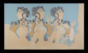 Knossos'taki Minos Sarayı'ndan restore edilmiş Mavi Fresk Giymiş Hanımların Tablosu (Evans Fresk Çizimi O/7)