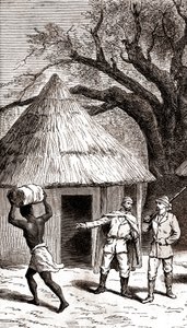 Bir Afrika kulübesinin önünde kaşifler ve hamallar,1887 (