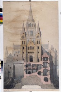 Gotik mimari: kilisenin cephesi ve manastır evlerinin kesimi. Avranches Belediye Müzesi (Manche) çizimi by Emile Sagot