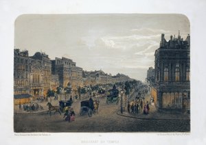 Boulevard du Temple, Paris. Litografi suluboya, illüstrasyon E.de la Tramblaiz, “Albüm, hediyelik eşya de Paris”te, Daziaro editörü, Paris by Emile de la Tramblais