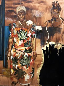 Unknowing Nanabaa, 2021 (tuval üzerine yağlıboya, akrilik, kağıt ve taklit altın varak) by Emma Prempeh