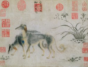 İki Saluki Hounds, 1427 (kağıt üzerine mürekkep) by Emperor Hsuan tsung