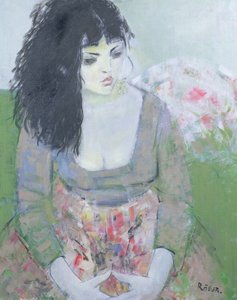 Hint Küpesi (yeşilli esmer kız) (tuval üzerine yağlı boya) by Endre Roder