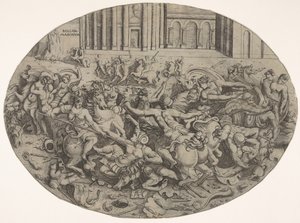 Mimari pasajların önünde Amazonlar ve erkekler arasındaki savaş, oval bir kompozisyon..., 1543. by Enea Vico