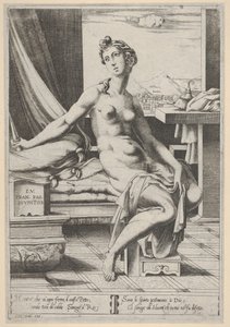 Lucretia çıplak ve bir pencerenin önünde oturmuş, sağ elinde bir hançer ve d..., yakl. 1535-67.