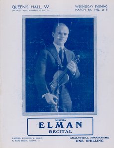 Mischa Elman Resital Programı, Queens Hall, 8 Mart 1922 by English Photographer