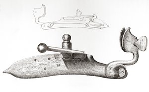 17. yüzyıl Çiftelisi. Elde tutulan bir ateşli silahı ateşlemek için kullanılan mekanizma veya kilit, The British Army: Its Origins, Progress and Equipment, 1868'de yayınlandı. by English School