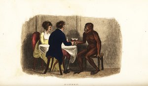 18. yüzyıldan kalma Hollandalı çift yemek masasında Borneo orangutanıyla şarap içiyor. by English School