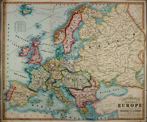 Kolejlerde ve okullarda kullanılmak üzere derlenmiş, 19. yüzyıldan kalma renkli bir Avrupa haritası. by English School