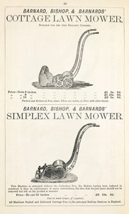 Bir Kulübe ve Simplex çim biçme makinesi, bir bahçe kataloğundan örnek, Barnard Bishop & Barnard tarafından yayınlandı, 1878 by English School