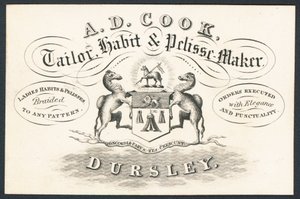 AD Cook, terzi, alışkanlık ve pelisse üreticisi, ticaret kartı by English School