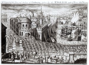 Cesur Amiral Vernon yönetiminde İngilizler tarafından çekilen Kartaca Kasabası ve Limanı, 1741 by English School