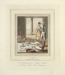 Avrupalılardan önce yılanları sergileyen bir Saumpareeah veya Snake Catcher, c.1824 (renkli taş) by English School